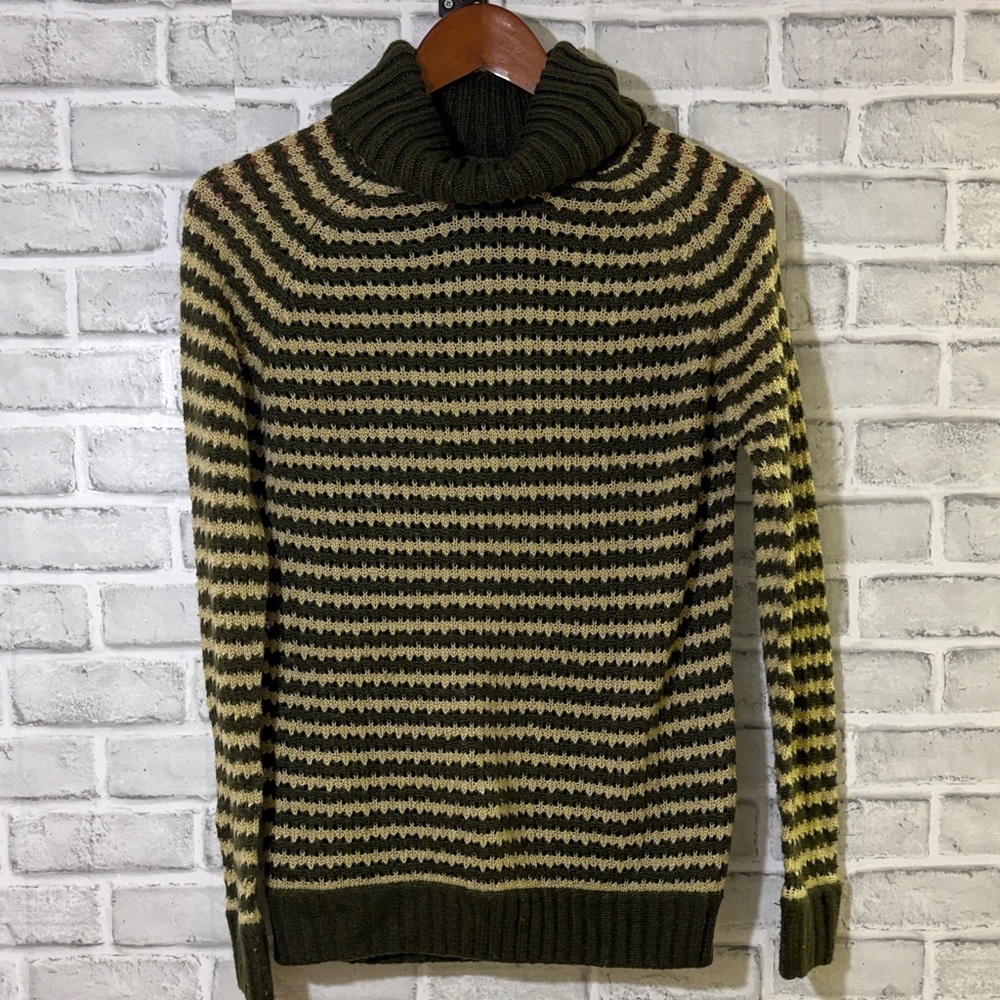 Yoki Olive and Cream Striped Turtleneck Sweater, large knitted